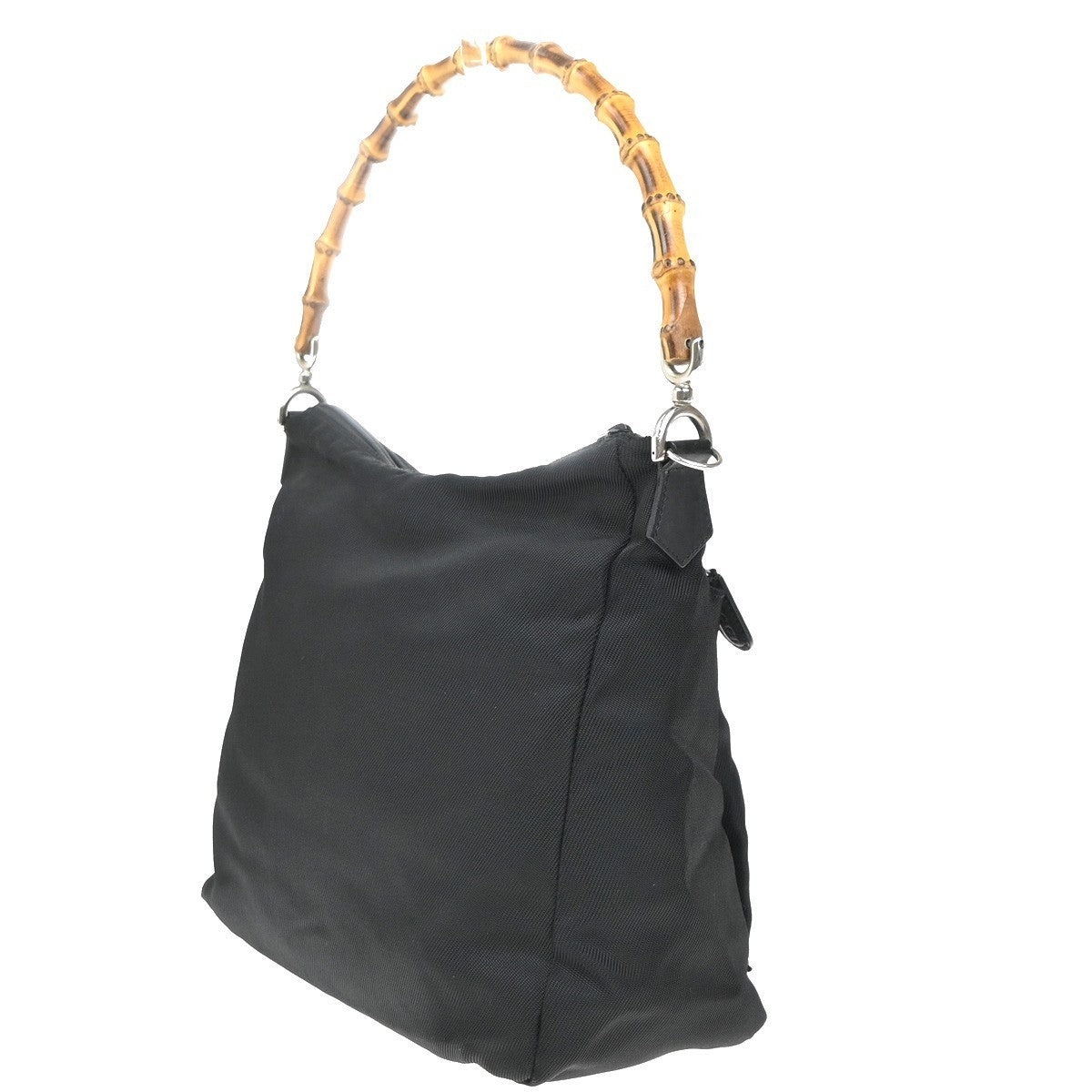 GUCCI Logo Bamboo Shoulder Hand Bag Nylon Leather Black Italy 68EG324