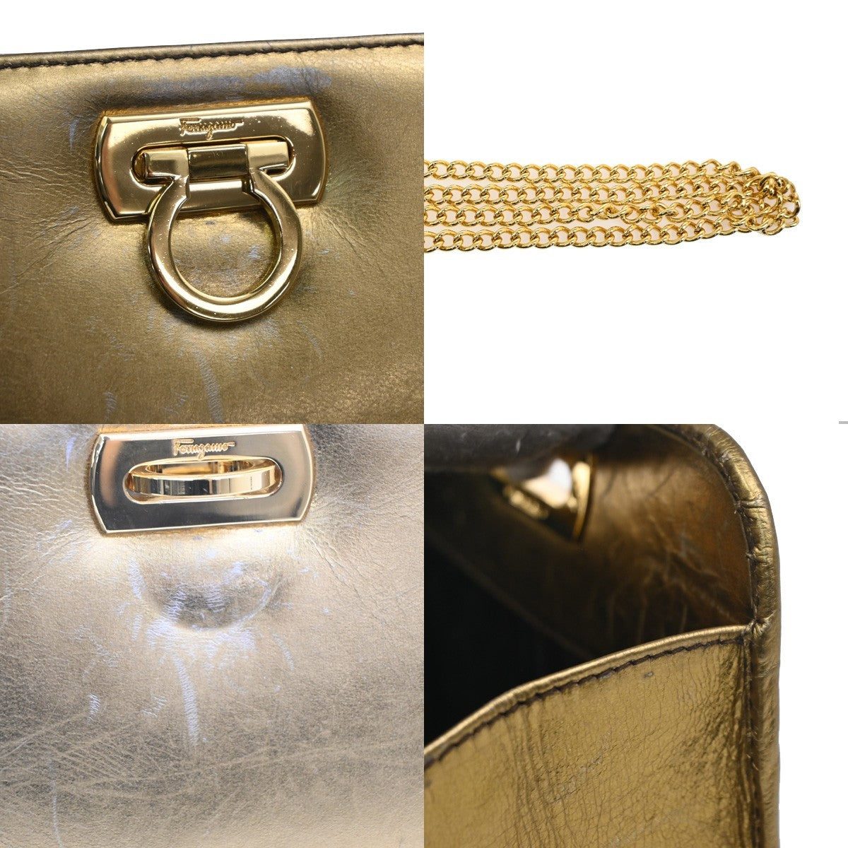 SALVATORE FERRAGAMO Logo Gancini Shoulder Bag Leather Gold GHW Italy 62MA277