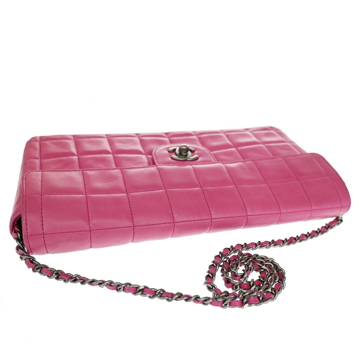 CHANEL CC Logo Chocolate Bar Chain Shoulder Bag Leather Magenta France 325RH263