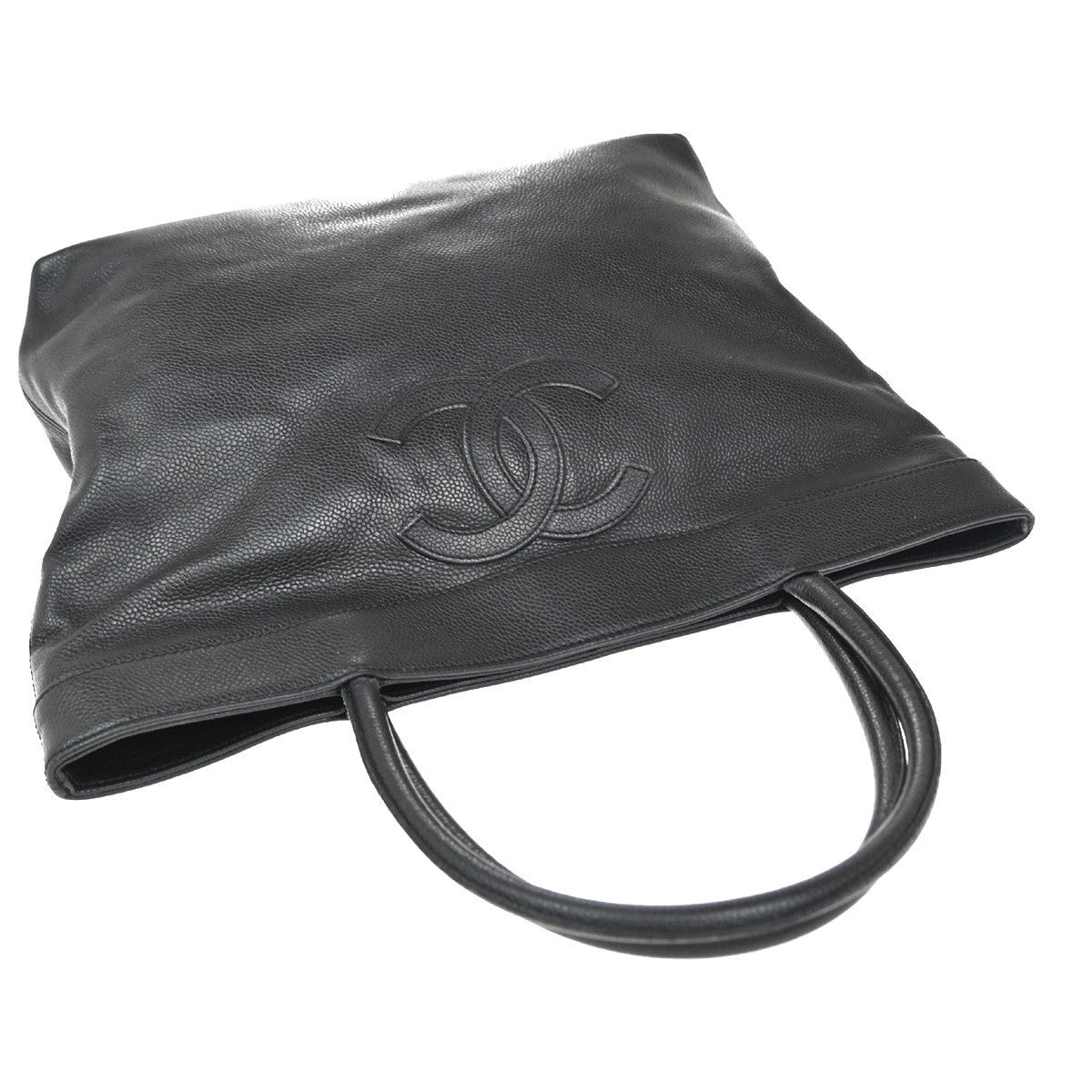 CHANEL CC Logo Shoulder Tote Bag Grained Calfskin Leather Black Italy 20KP360