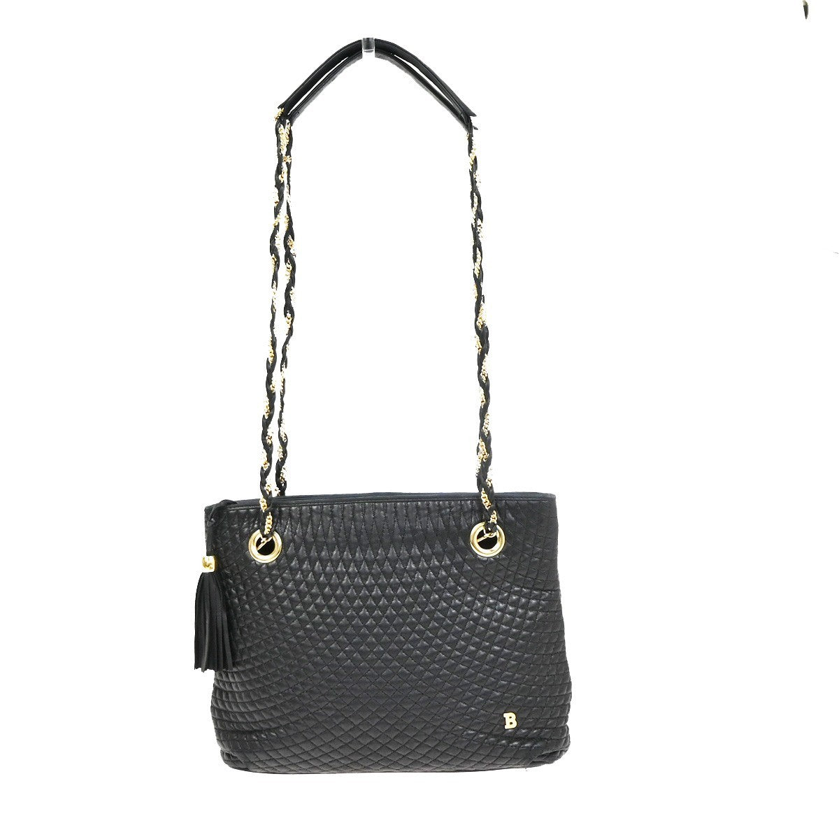 BALLY B Logo Quilted Chain Shoulder Bag Leather Black GHW Switzerland 01CA846
