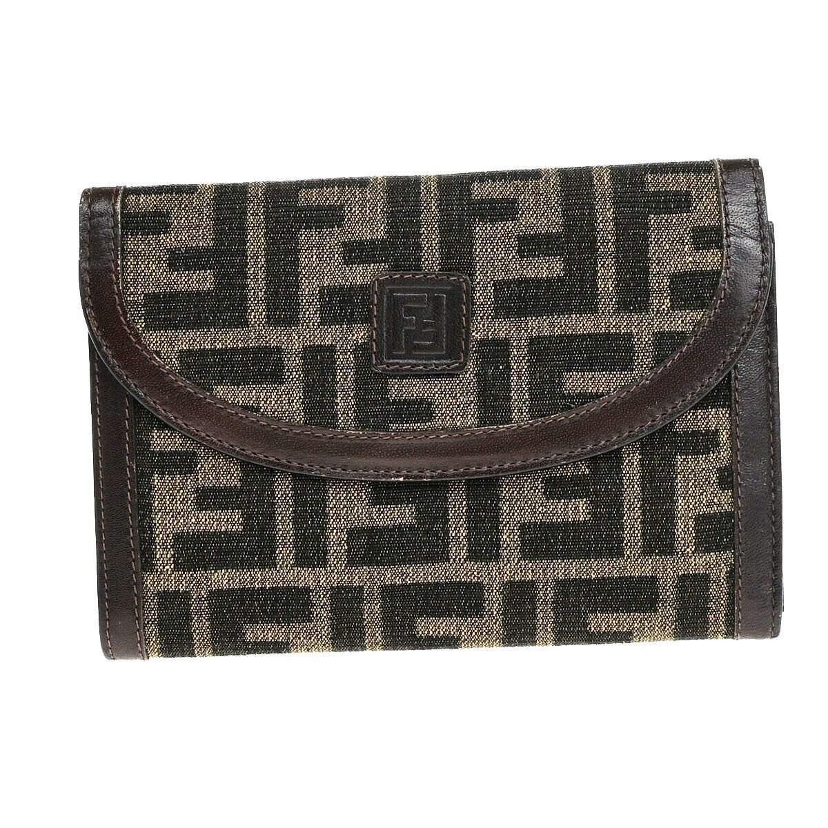 FENDI Logo Zucca Pattern Bifold Wallet Purse Canvas Leather Brown Italy 01EB515