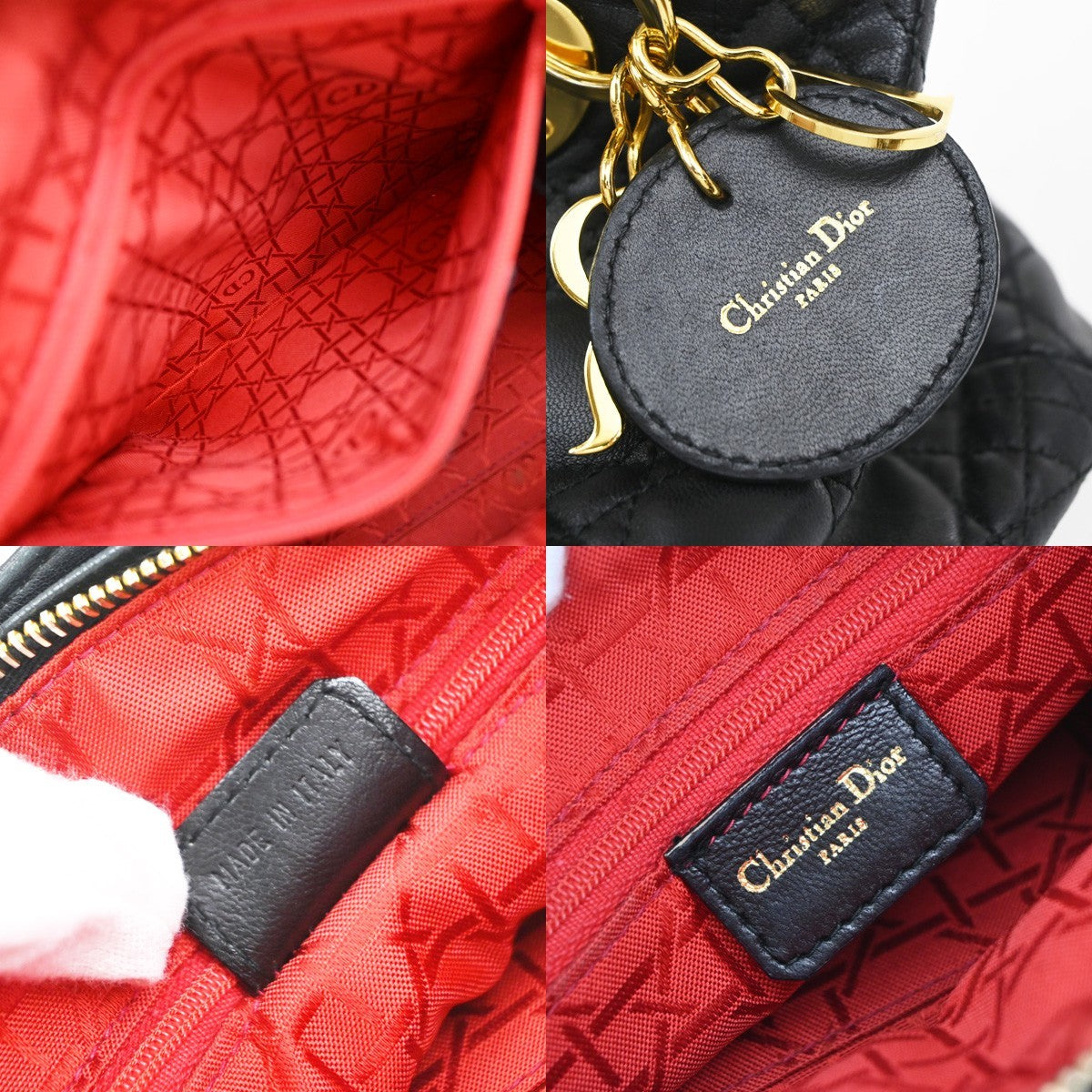 CHRISTIAN DIOR Lady Cannage Hand Tote Bag Leather Black Gold Italy 46RQ062