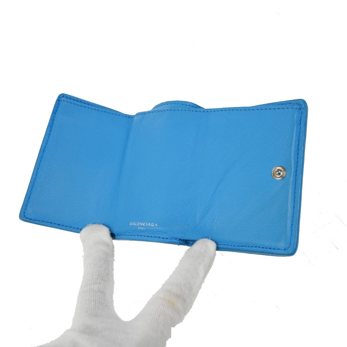 BALENCIAGA Logo Paper Mini Trifold Wallet Purse Leather Blue SHW Italy 68KB334