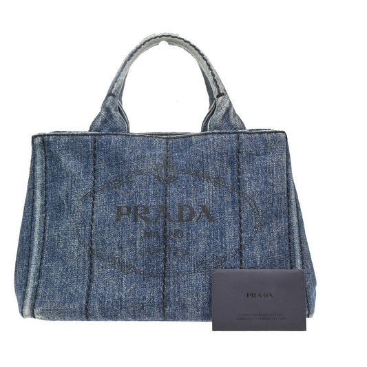 PRADA Milano Logo CANAPA Tote Hand Bag Denim Leather Blue Gold Italy 30EG118