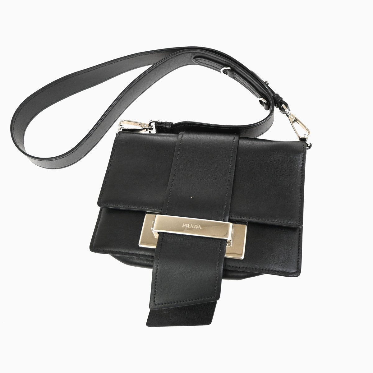 PRADA Logo Metal Ribbon Mini Shoulder Bag City Calf Leather Black SHW 79YJ076