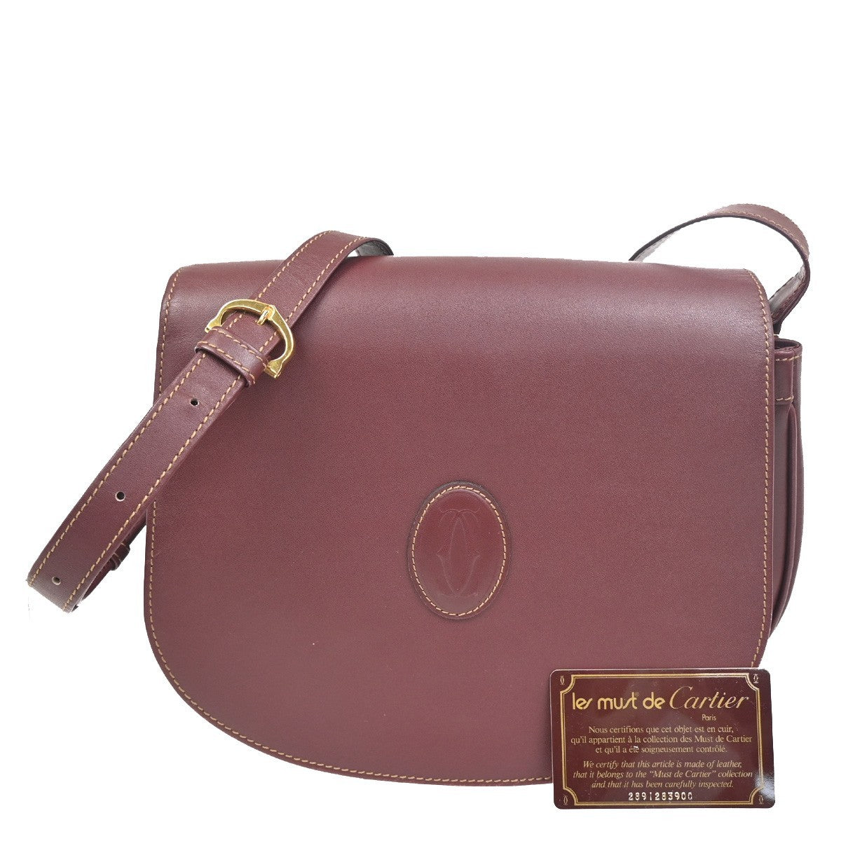 MUST DE CARTIER 2C Logo Shoulder Bag Leather Bordeaux Red GHW Italy 80ZA197