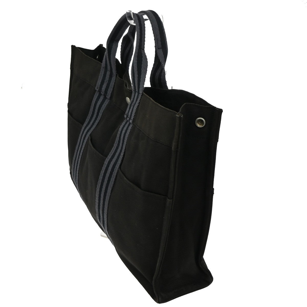 HERMES Fourre Tout MM Tote Hand Bag Canvas Leather Black Gray 02TA250