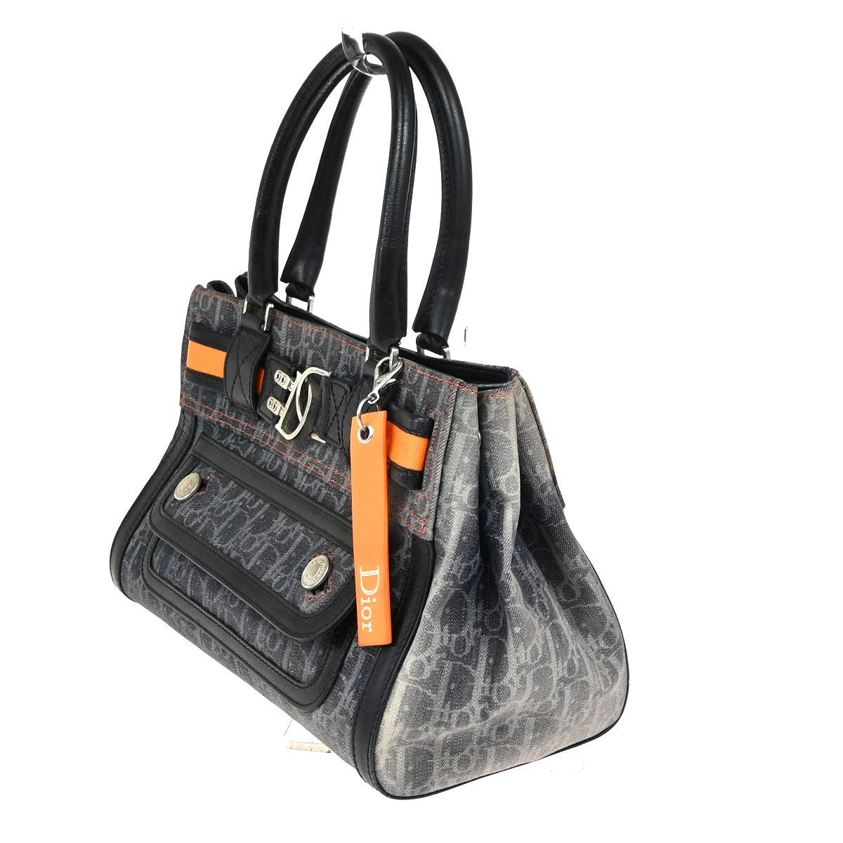 CHRISTIAN DIOR CD Logo Flight Line Trotter Hand Bag Denim Leather Blue 27YJ001