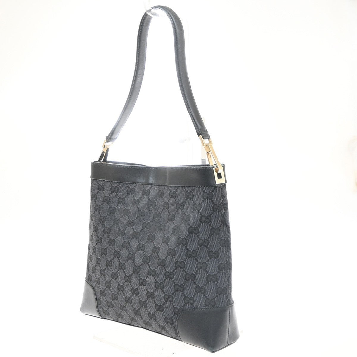 GUCCI Logo GG Pattern Shoulder Tote Bag Canvas Leather Black SHW Italy 63SA161