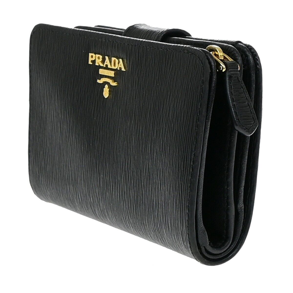PRADA Logo Bifold Wallet Purse Leather Black Gold GHW Italy 60YG988