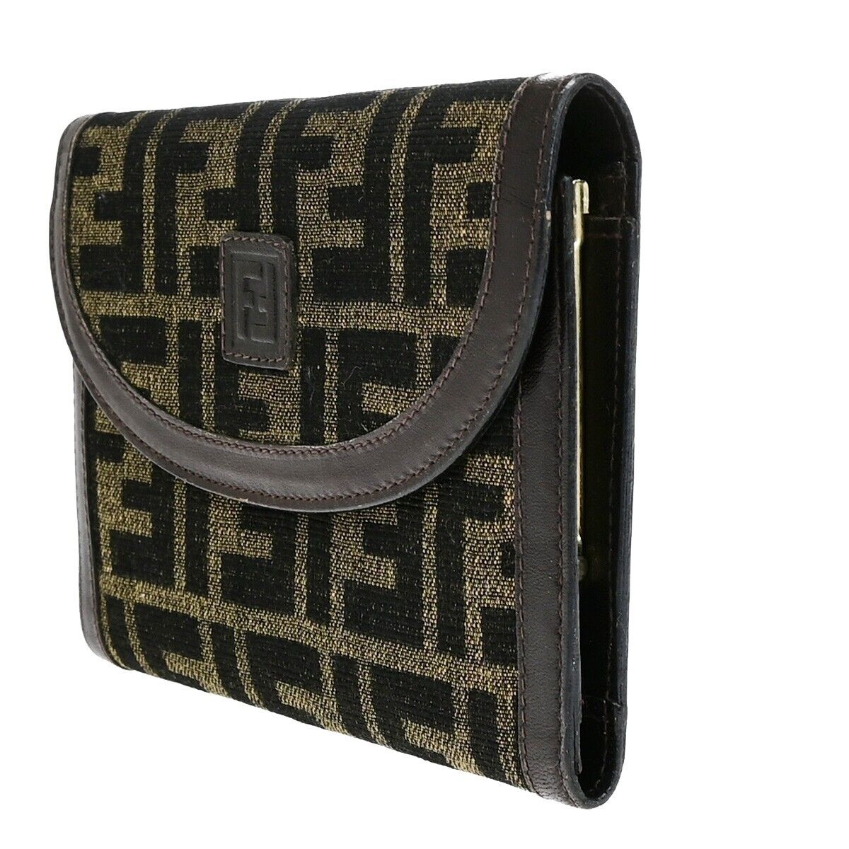 FENDI Logo Zucca Pattern Bifold Wallet Purse Canvas Leather Brown Italy 01EB515
