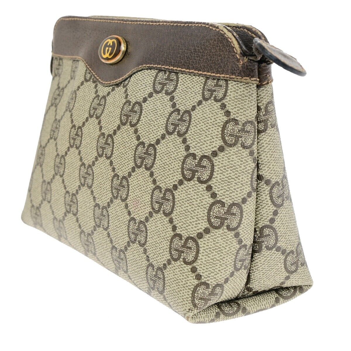 GUCCI Logo GG Pattern Pouch Bag PVC Leather Brown GHW Italy 05SH828