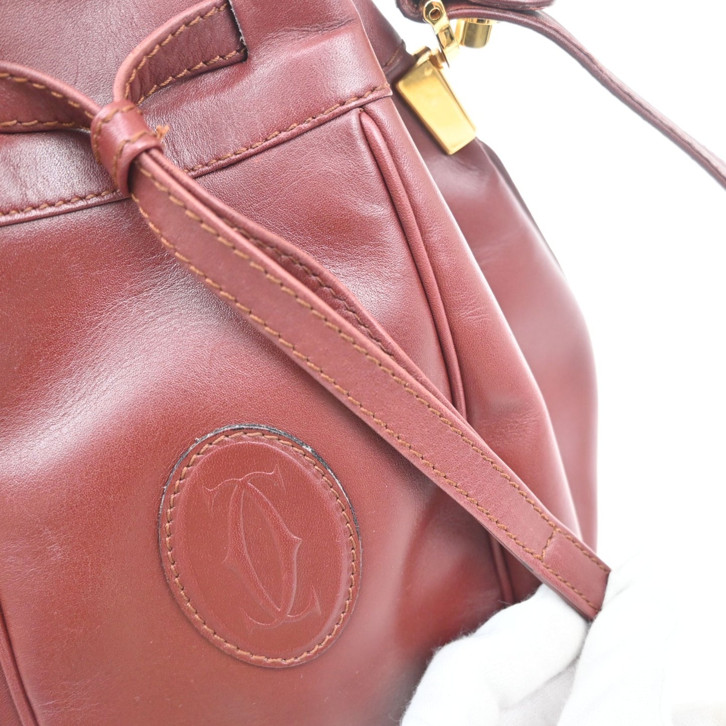 CARTIER Logo Must Line Drawstring Shoulder Bag Leather Red GHW Spain 34MA663