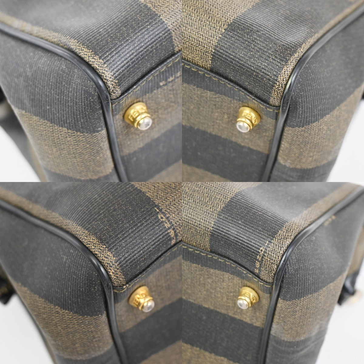 FENDI Logo Pequin Mini Boston Hand Bag PVC Leather Black Khaki GHW Italy 32YH898