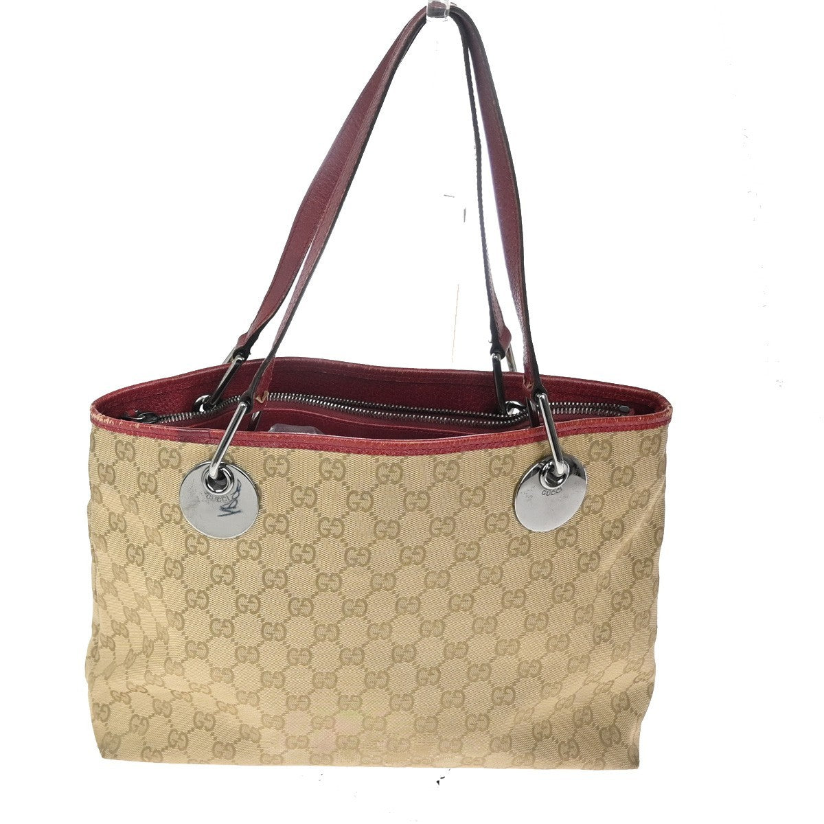 21.Live GUCCI GG Canvas Shoulder Bag Canvas Leathern Brown Red GHW Italy 63KC005