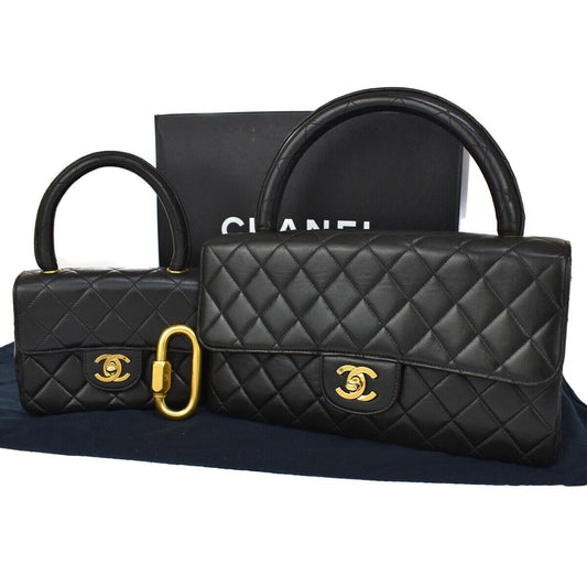 CHANEL CC Matelasse 25 Pair Hand Bag Leather Black Gold Vintage 6019LC172
