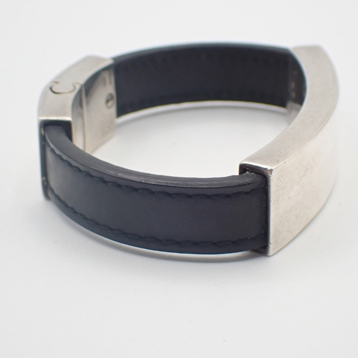 GUCCI Logo Bar Bracelet Bangle Leather Metal Black Silver925 Italy 01CA779