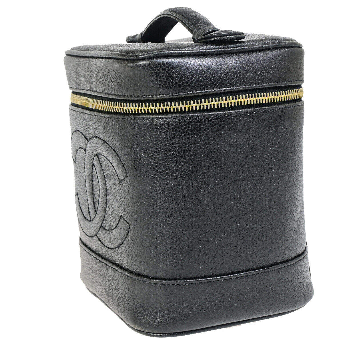 CHANEL CC Logo Vanity Hand Bag Caviar Skin Leather Black GHW Vintage 25RK294