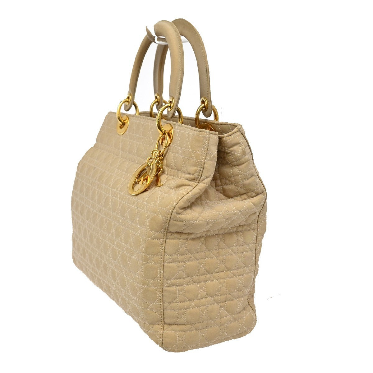 CHRISTIAN DIOR Lady Cannage Tote Hand Bag Nylon Leather Beige GHW Italy 82EF879