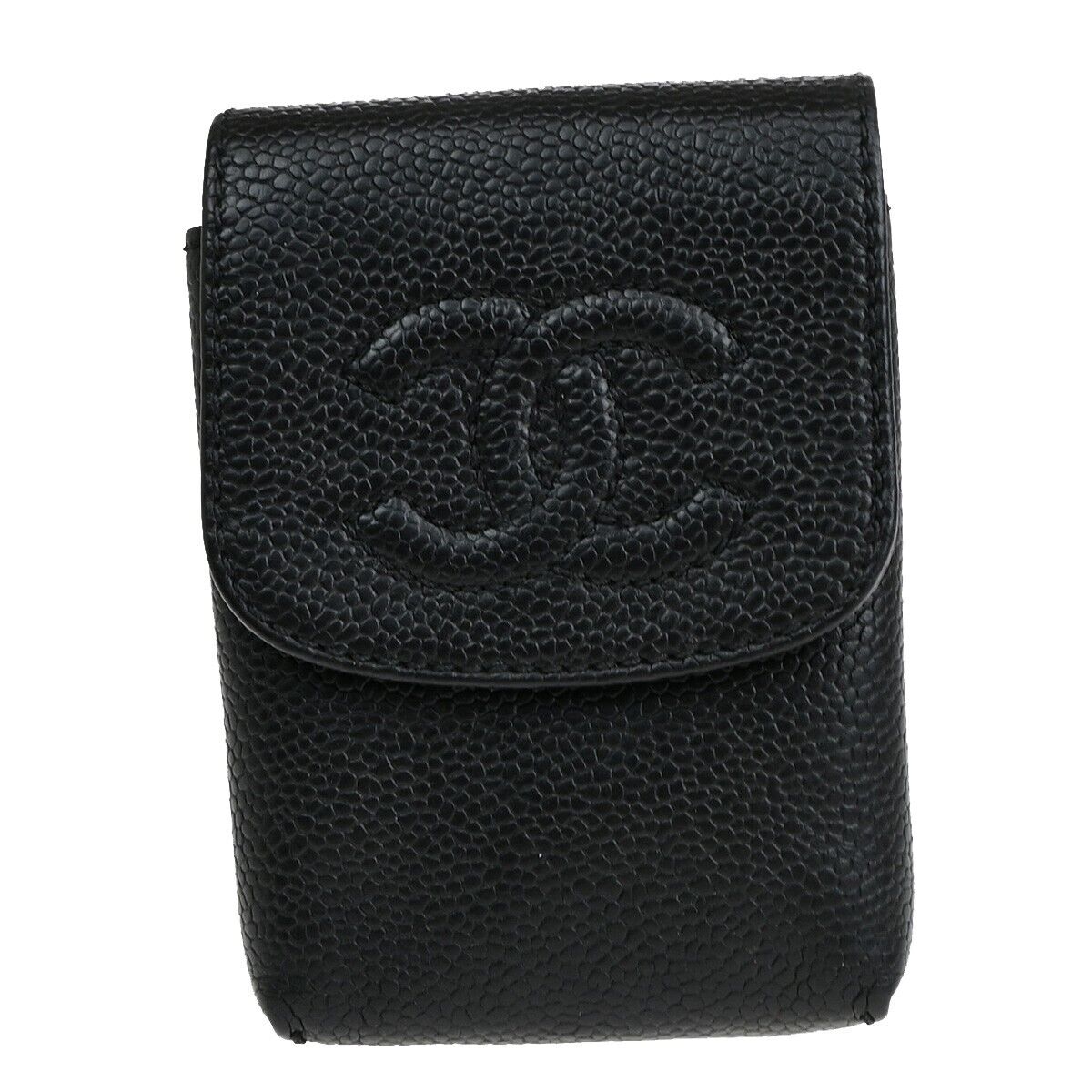 CHANEL CC Logo Cigarette Case Purse Caviar Leather Black Italy 61EB754