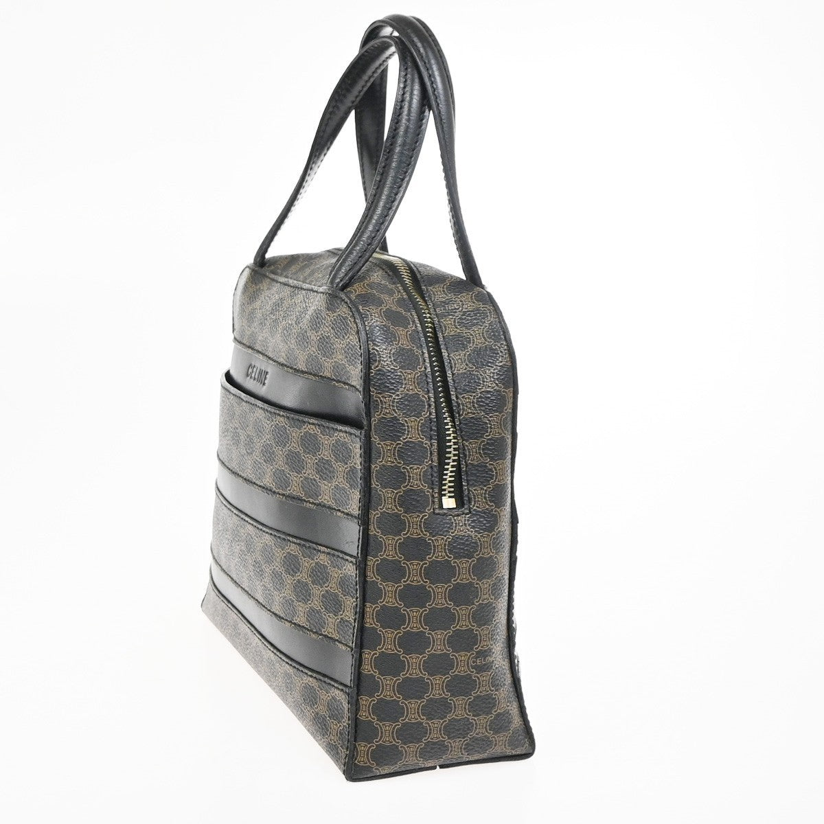 CELINE Logo Macadam Hand Bag PVC Leather Black  Brown GHW Italy 67KD092