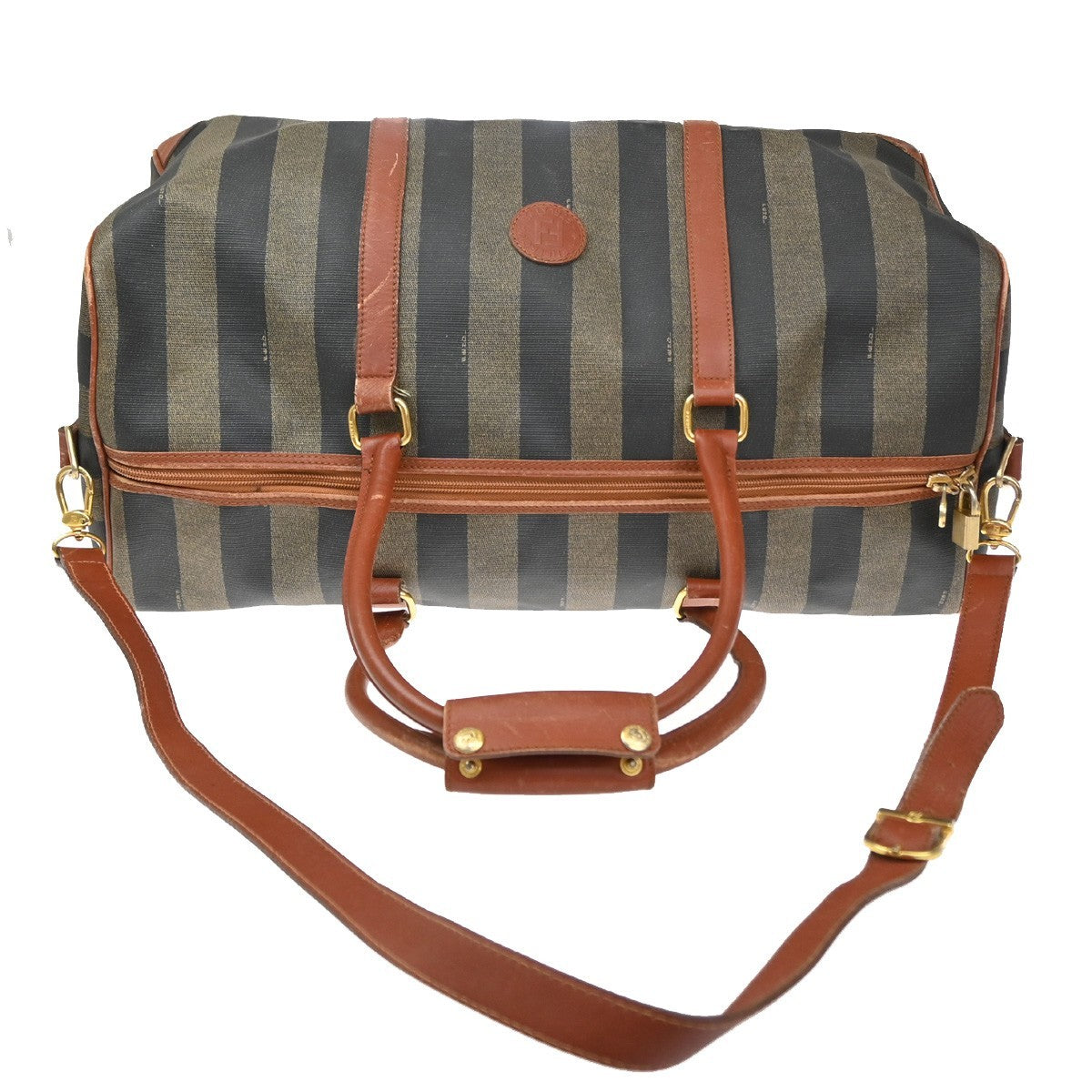 FENDI Logo Pequin Travel Boston 2Way Hand Bag PVC Leather Brown Italy 30YJ156