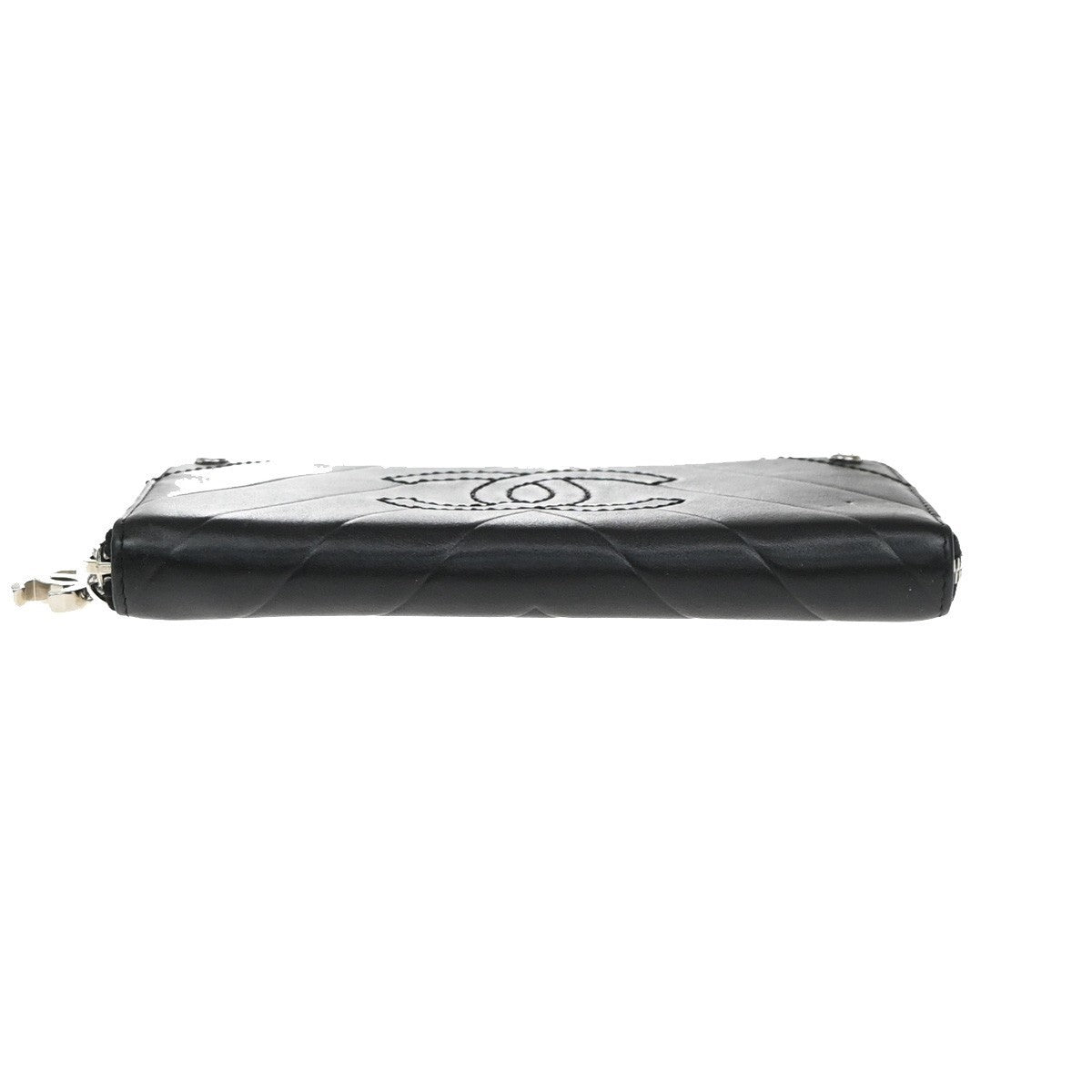 CHANEL CC Logo V-stitch Zip Around Long Wallet Leather Black Silver 77RF674