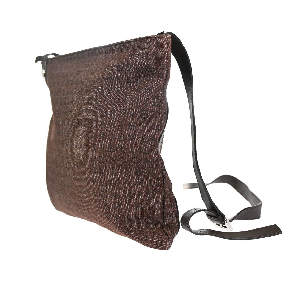 BVLGARI Logo MANIA Crossbody Shoulder Bag Canvas Leather Brown Silver 68DA075
