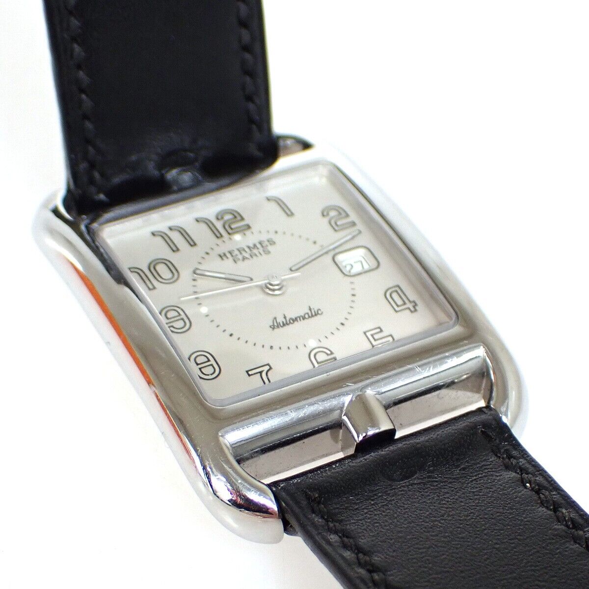 HERMES Logo Cape Cod Double Tour Wristwatch Leather ▢D Black Silver 660LC513