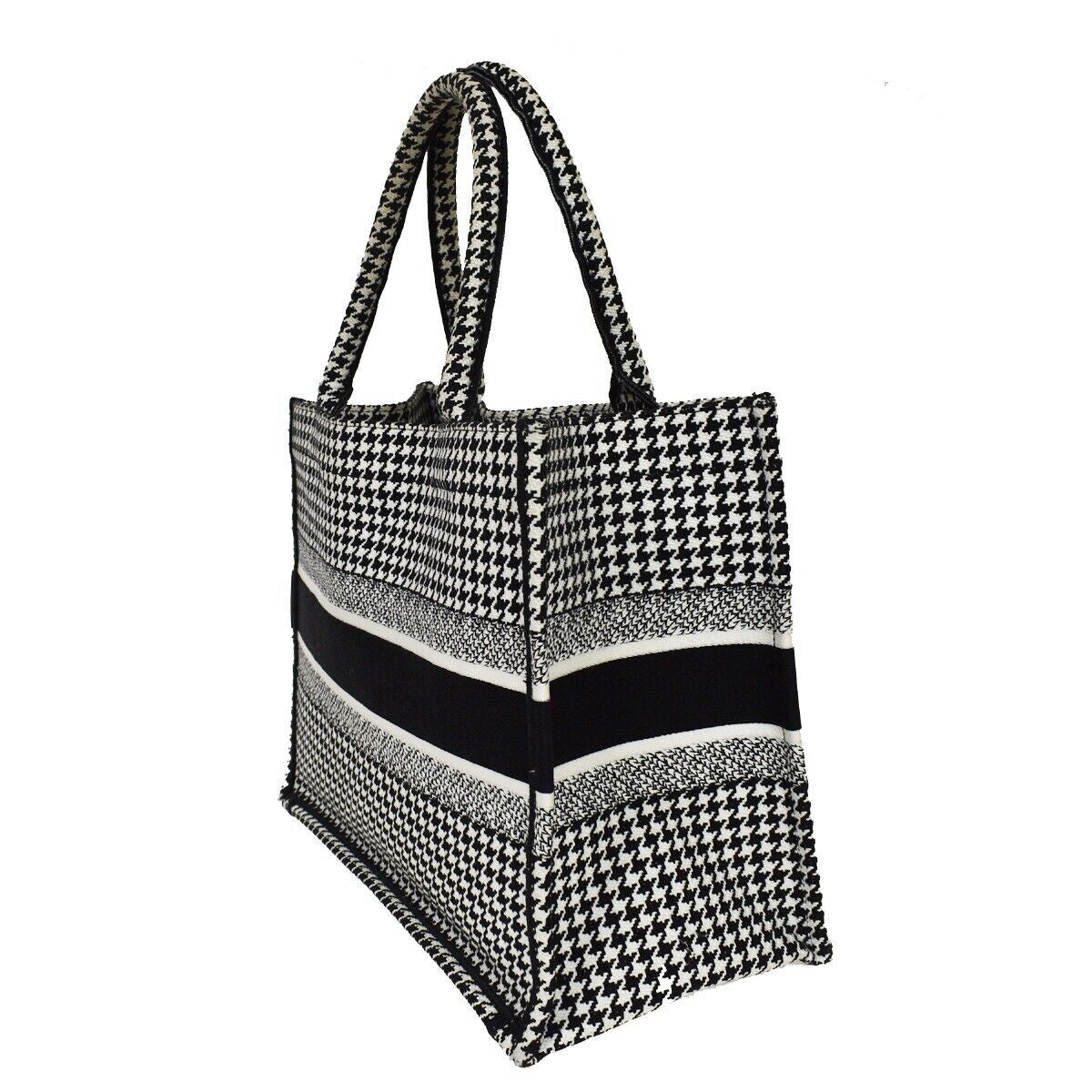 CHRISTIAN DIOR Book Tote Medium Hand Bag Houndstooth Canvas Leather BK 307LC341