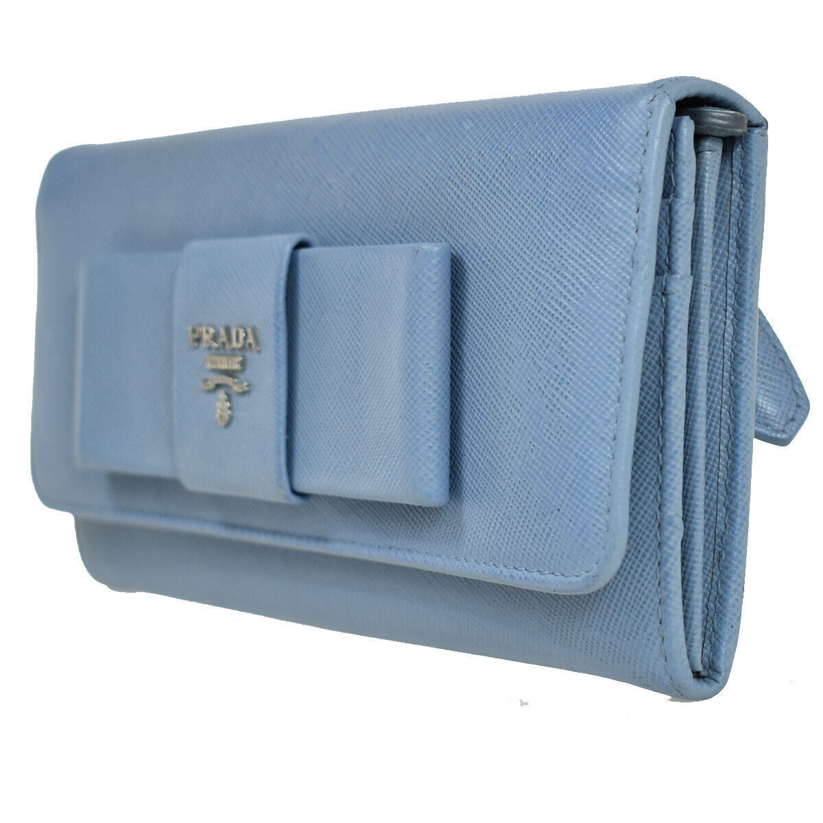 PRADA Logo Saffiano Fiocco Long Bifold Wallet Purse Leather Blue Italy 05YC250