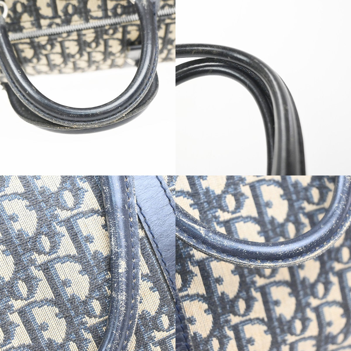 CHRISTIAN DIOR Logo Trotter Boston Hand Bag Canvas Leather Blue France 73MA573