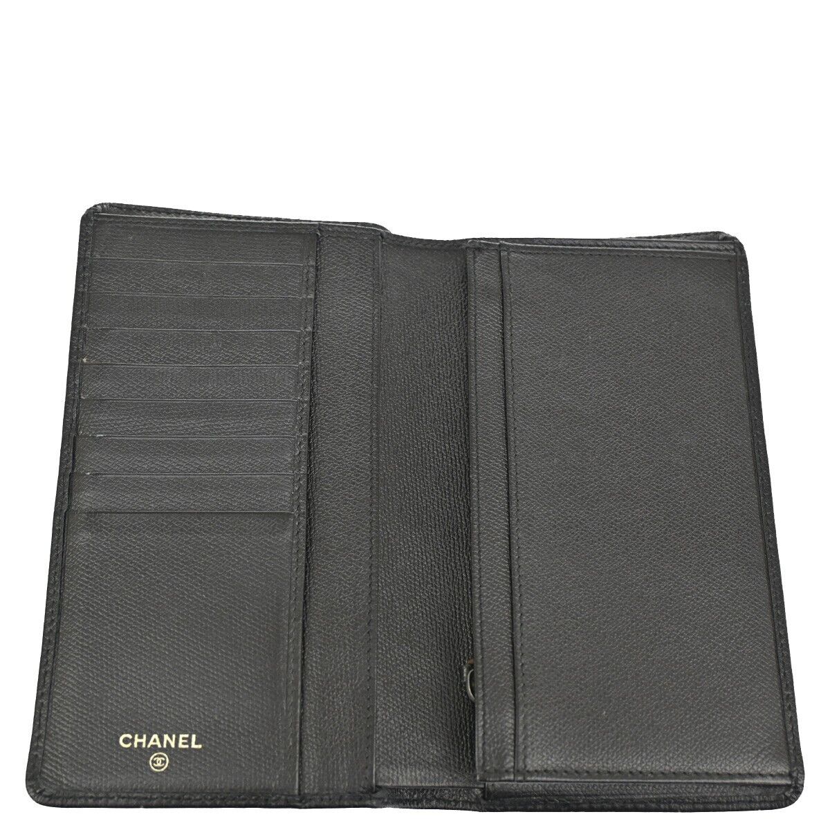 CHANEL CC Logo Long Bifold Wallet Purse Leather Black Gold Italy 66FA381