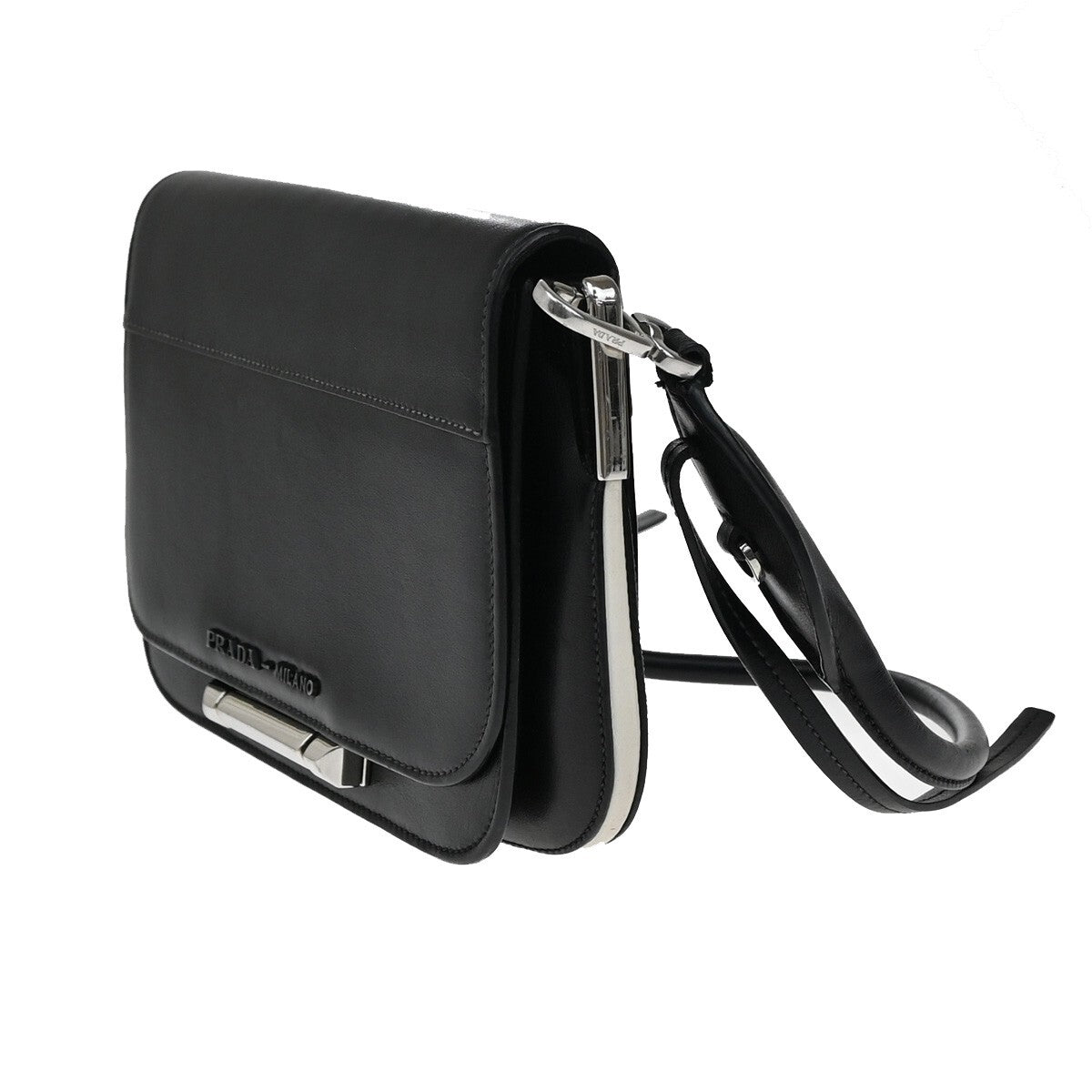 PRADA Logo Shoulder Hand Bag Leather Black SHW Italy 74RF249