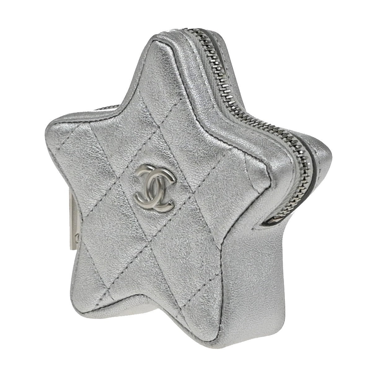 CHANEL CC Logo Matelasse Star Mini Charm Wallet Coin Case Leather Silver 82RF868