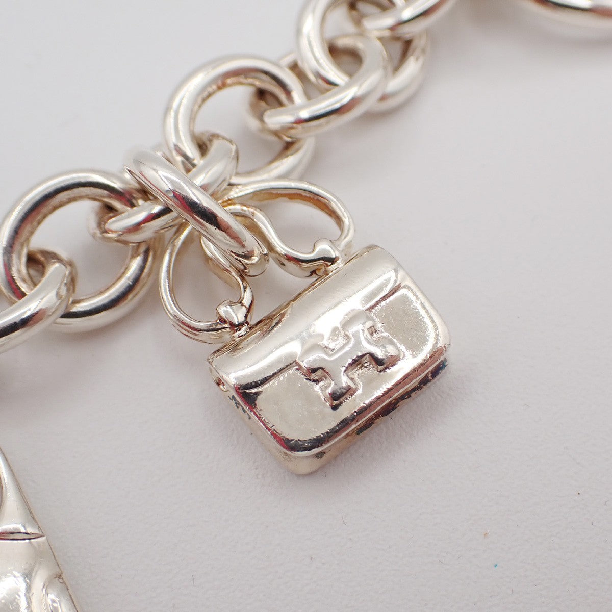 HERMES Logo Amulet 5 Charm Chain Bracelet Bangle Silver 925 France 649LC634