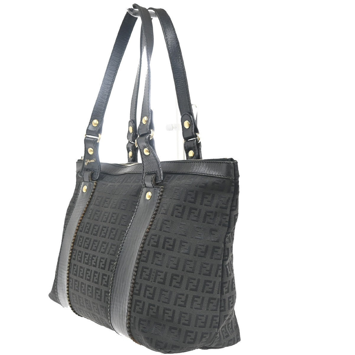 FENDI Logo Zucchino Shoulder Tote Bag Canvas Leather Black GHW Italy 31KP524