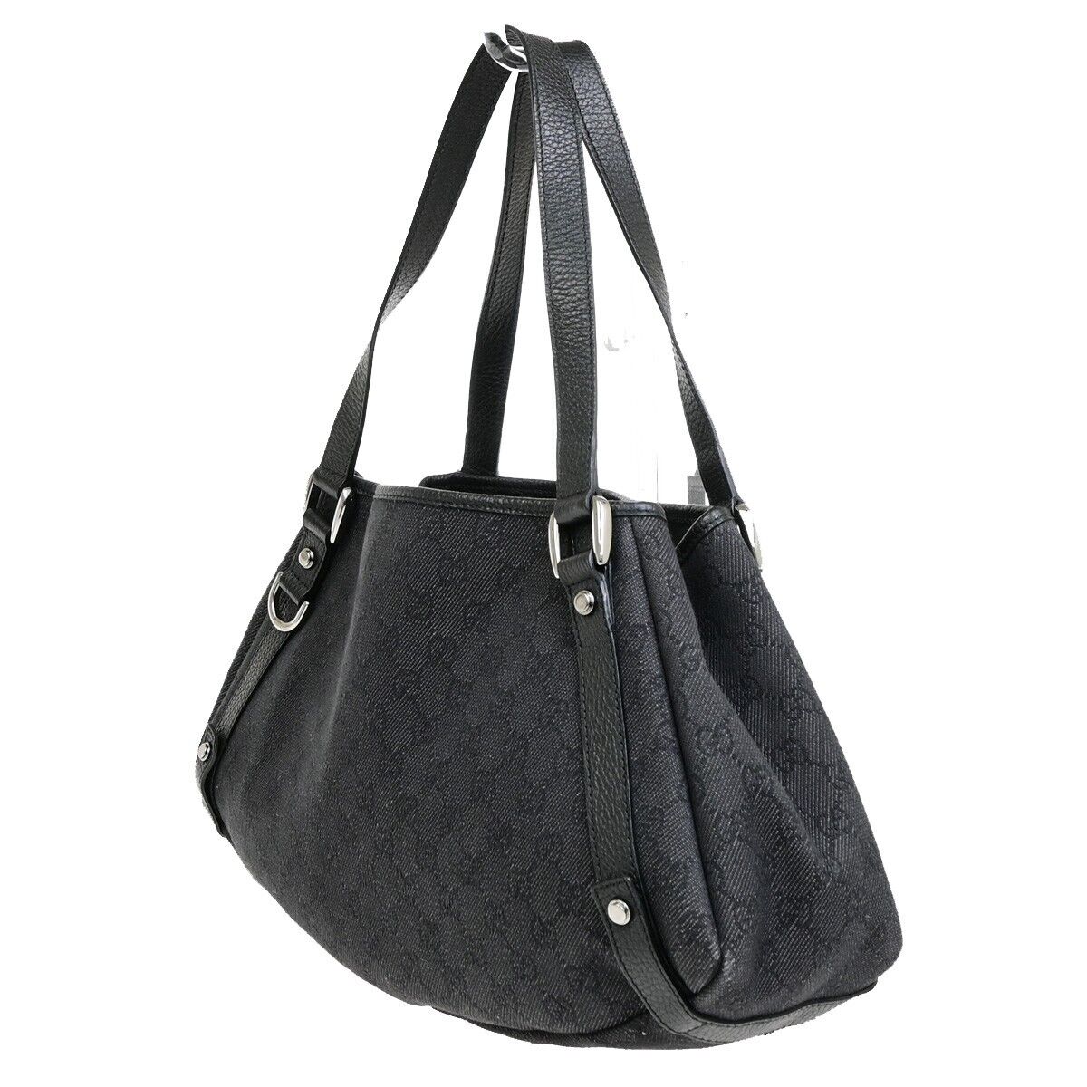 GUCCI Logo GG Pattern Shoulder Tote Bag Canvas Leather Black Italy 76FB351