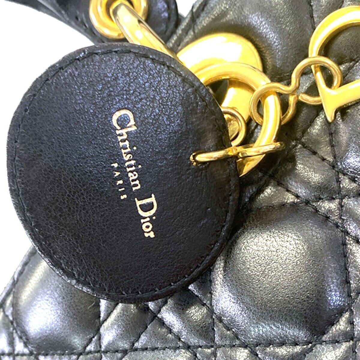 CHRISTIAN DIOR Lady Cannage Hand Tote Bag Leather Black Gold Italy 650RC585