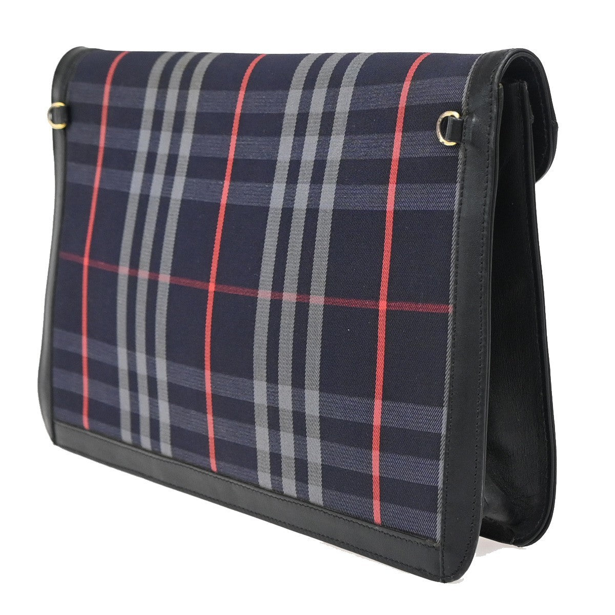 Burberrys Logo Clutch Bag Nova Check Canvas Leather Navy Blue Black 01EF823