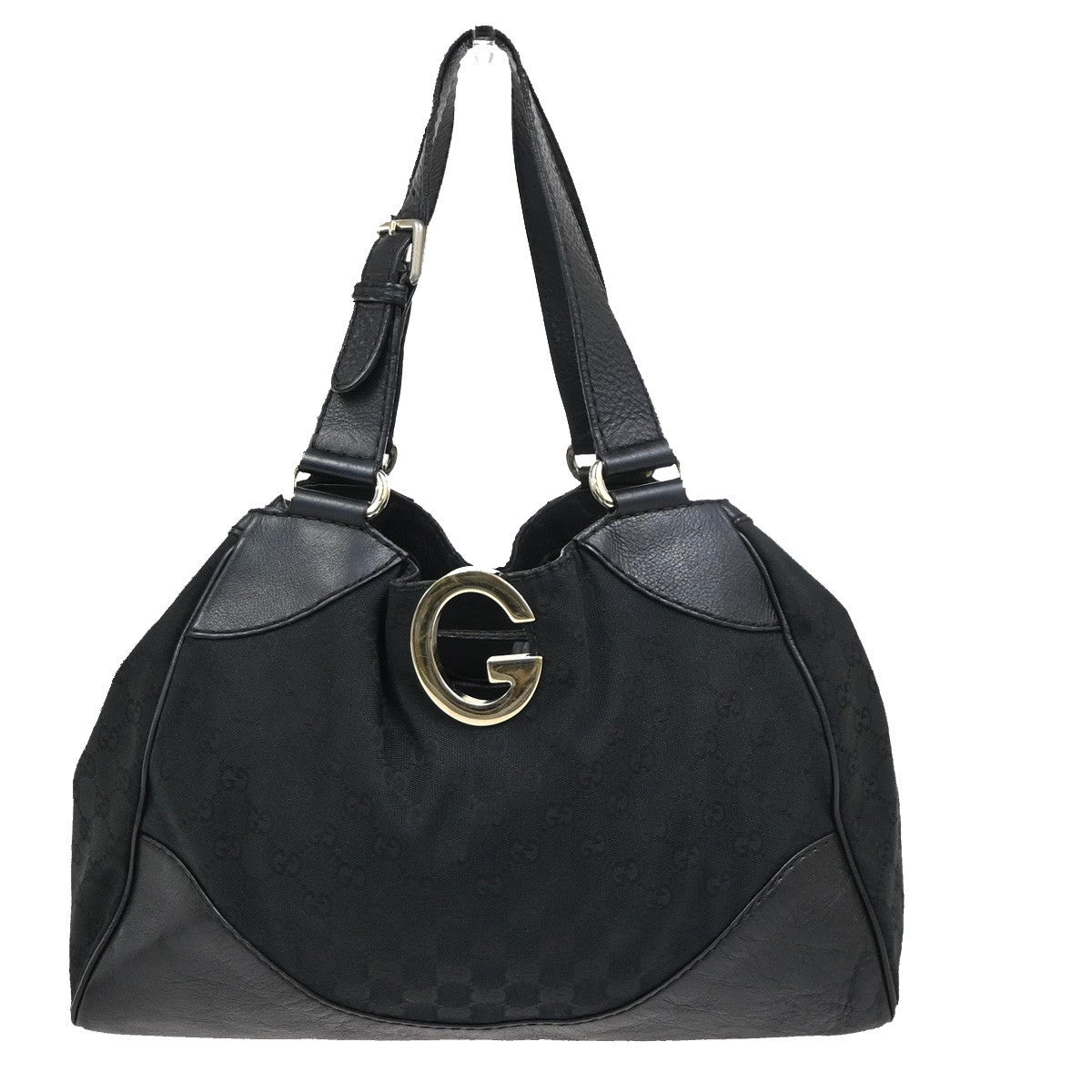 GUCCI Logo GG Pattern Shoulder Tote Bag Canvas Leather Black GHW Italy 34YH906