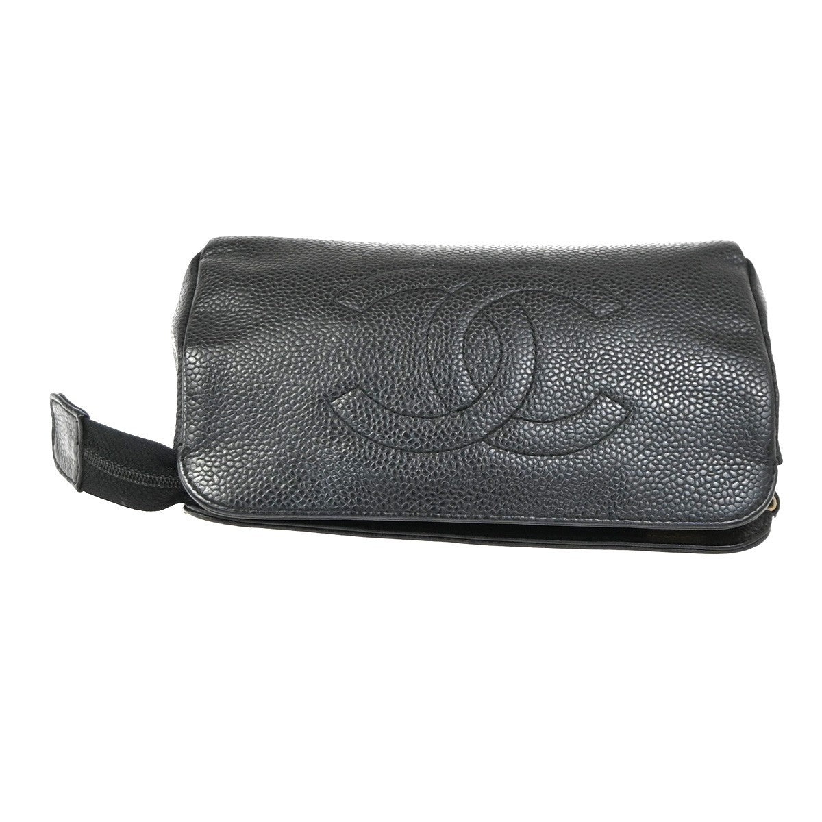 CHANEL CC Logo Cosmetic Pouch Grained Calfskin Leather Black GHW Italy 38RL979