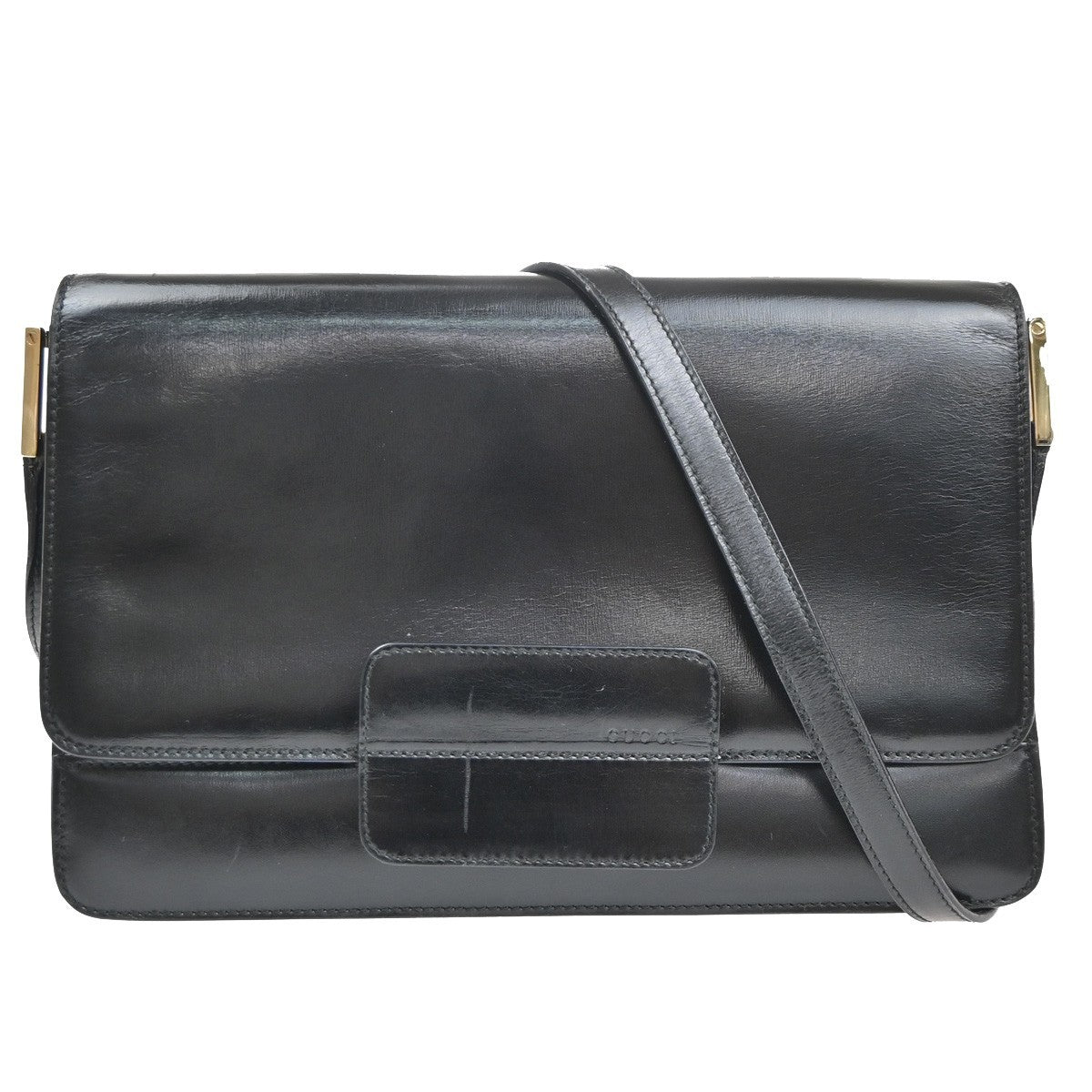 GUCCI LOGO Flap One Shoulder Hand Bag Leather Black GHW Italy 67KD073