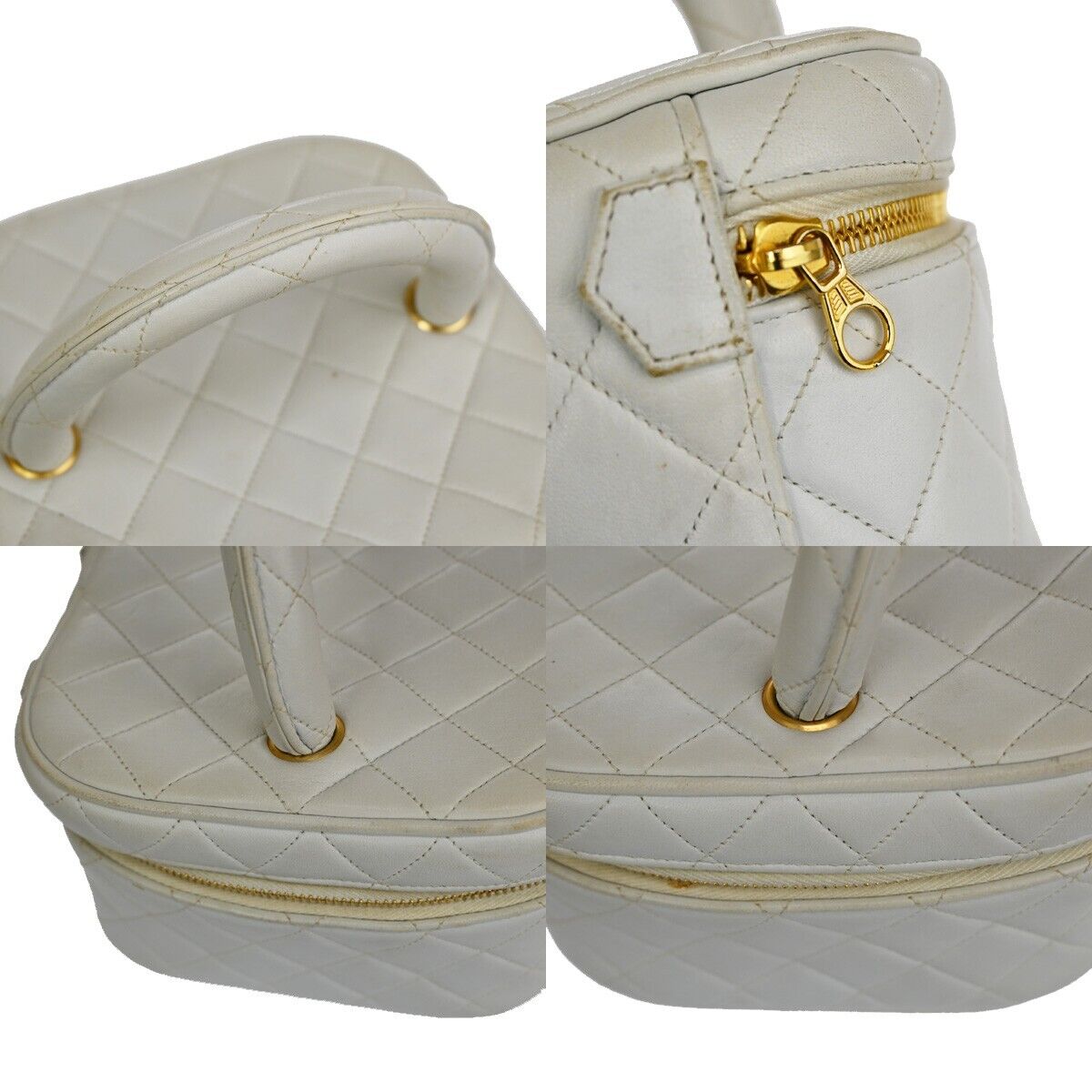 CHANEL Logo Matelasse Vanity Hand Bag Leather White GHW France Vintage 96RH435