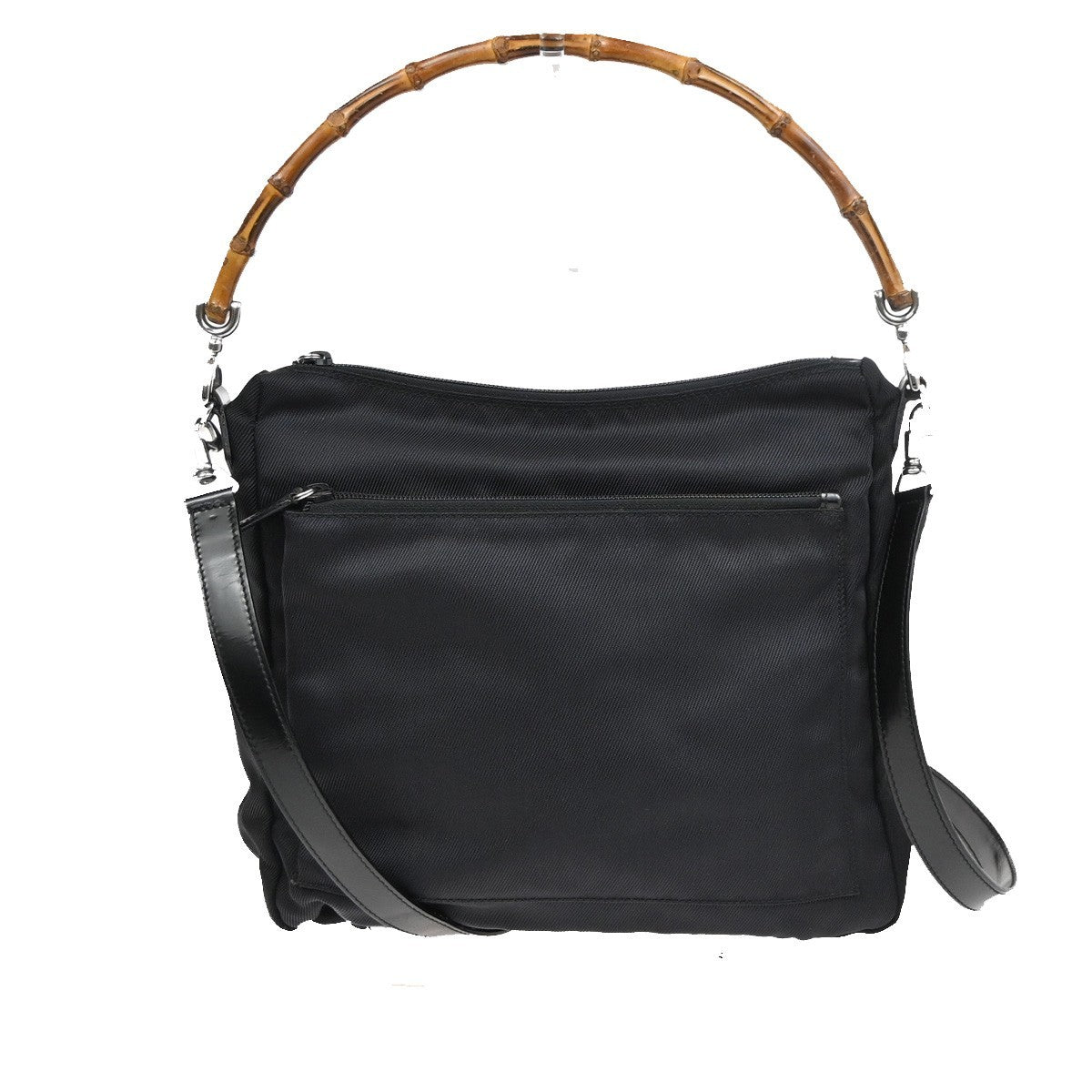 GUCCI Logo Bamboo 2Way Shoulder Hand Bag Nylon Leather Black SHW Italy 64ZA309