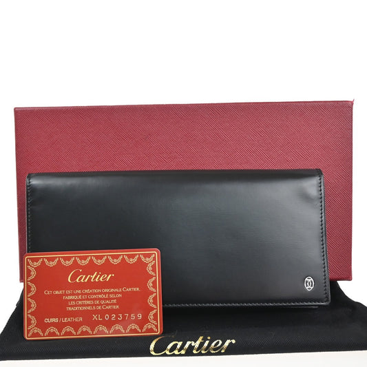 CARTIER Logo Pasha Bifold Long Wallet Leather Black SHW France 69KC345