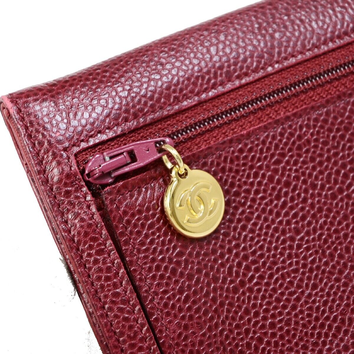 CHANEL CC Bifold Wallet Caviar Skin Leather Bordeaux GHW Italy Vintage 69EB229