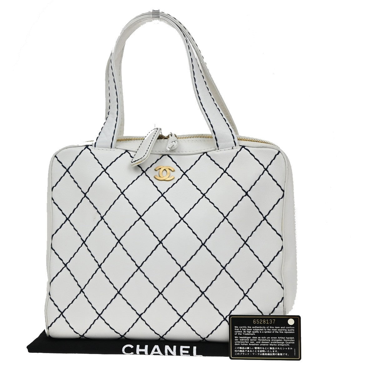 CHANEL CC Logo Wild Stitch Shoulder Hand Tote Bag Leather White Vintage 21RF687