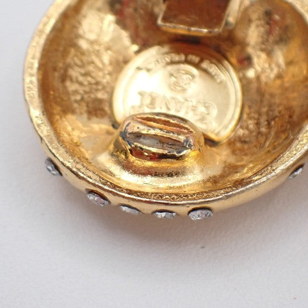 CHANEL Logo Rhinestones Earrings Clip-on Gold France Vintage 36RL872